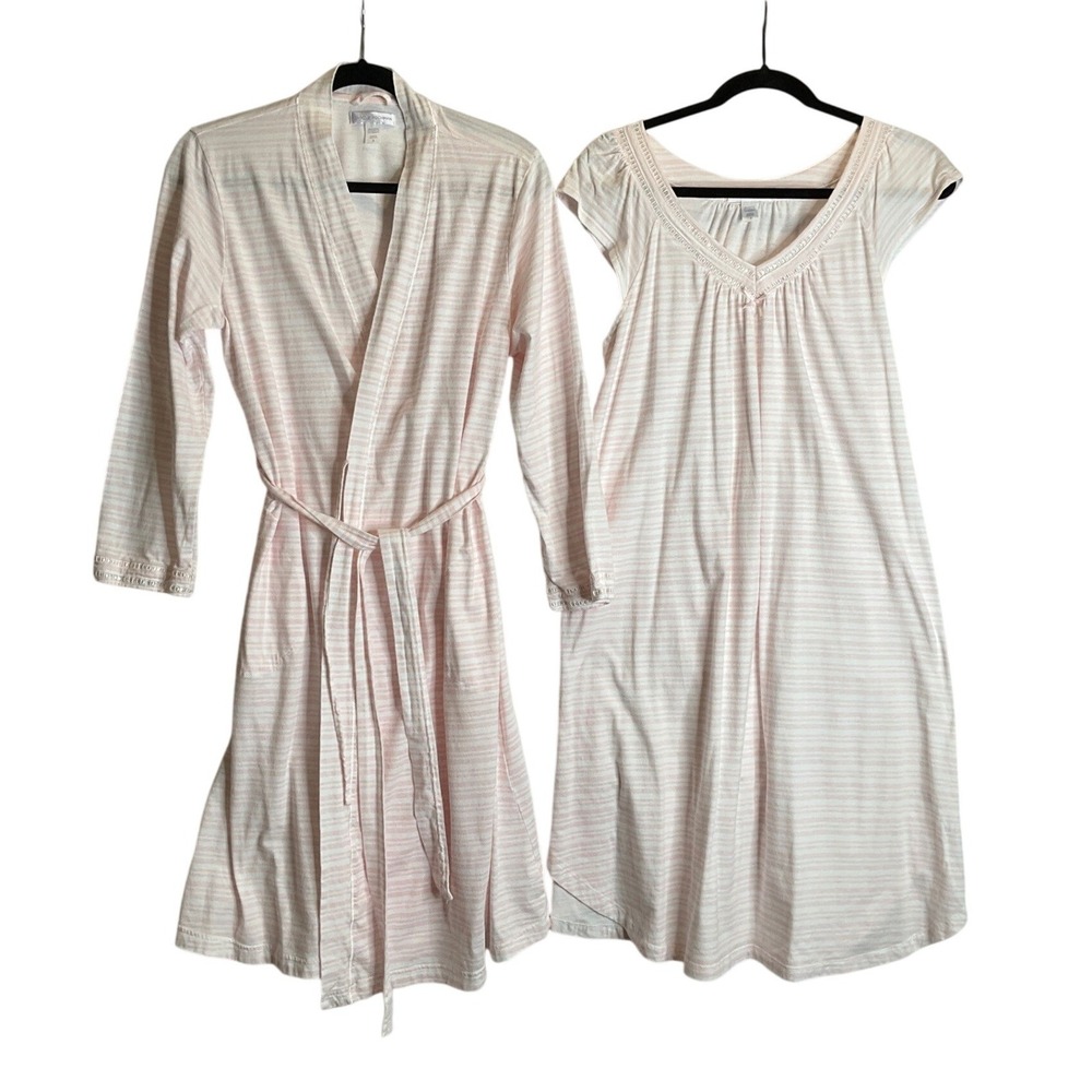 Carole Hochman (2) Set 100% Cotton Cap Sleeve Nightgown & Robe Pink Striped S